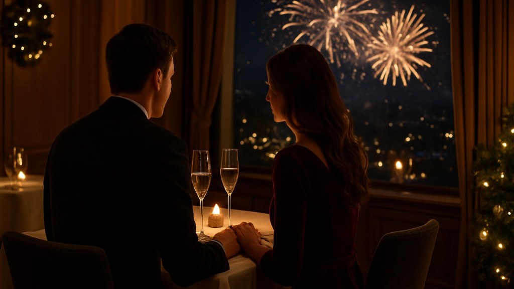 Coppia durante una cena romantica di Capodanno